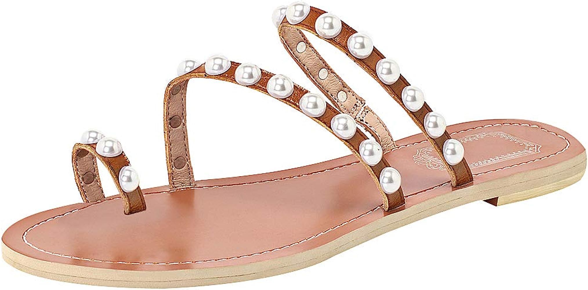 ANUFER Women's Bohemia Pearls Toe Ring Sandals/Slippers Summer Flat Flip Flops Beach Shoes | Amazon (US)