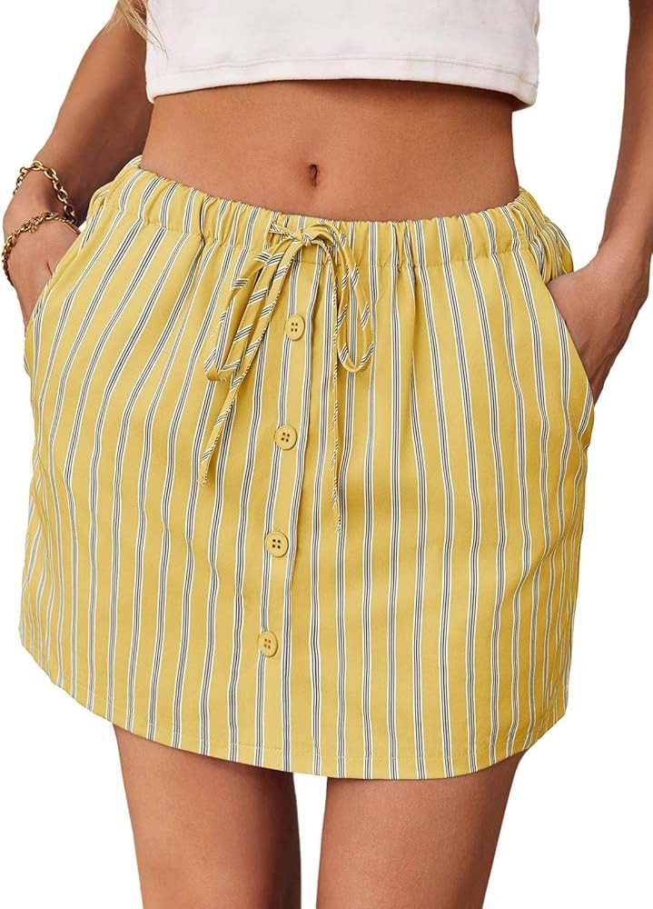 Fisoew Womens Summer Striped Mini Skirts Casual Drawstring Elastic Waist Button Cute Y2K Skorts S... | Amazon (US)