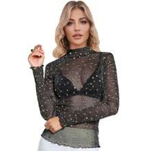 Gold Stars Mock Neck Mesh Long Sleeve Top In Black | SHEIN