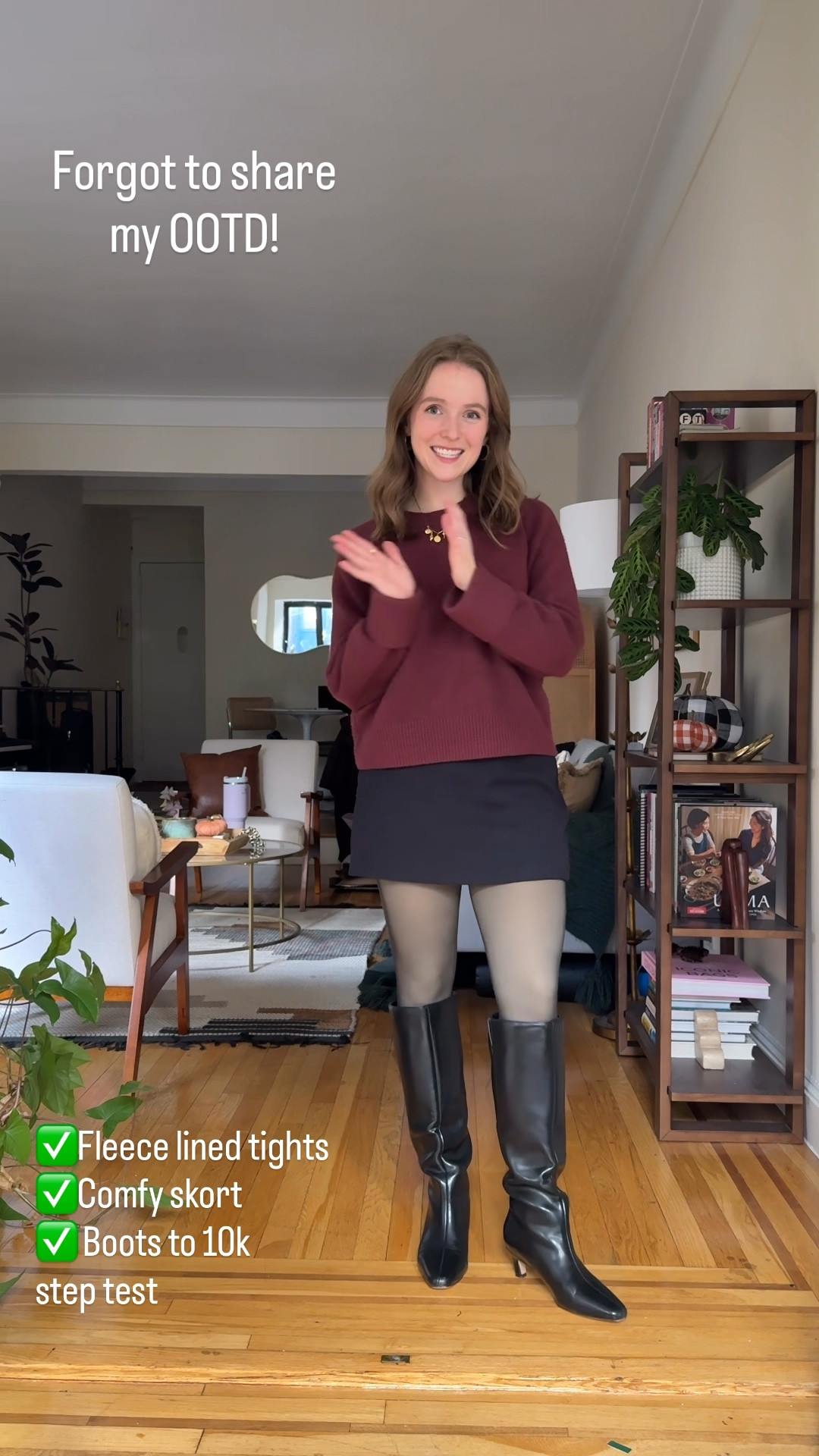 What I’m wearing in NYC today
Xs cozy sweater
Fleece lined tights soo warm!
Small skort (size up 1)
Size 7 boots to 10k store test (sized up 1/2 to wear with thick socks)