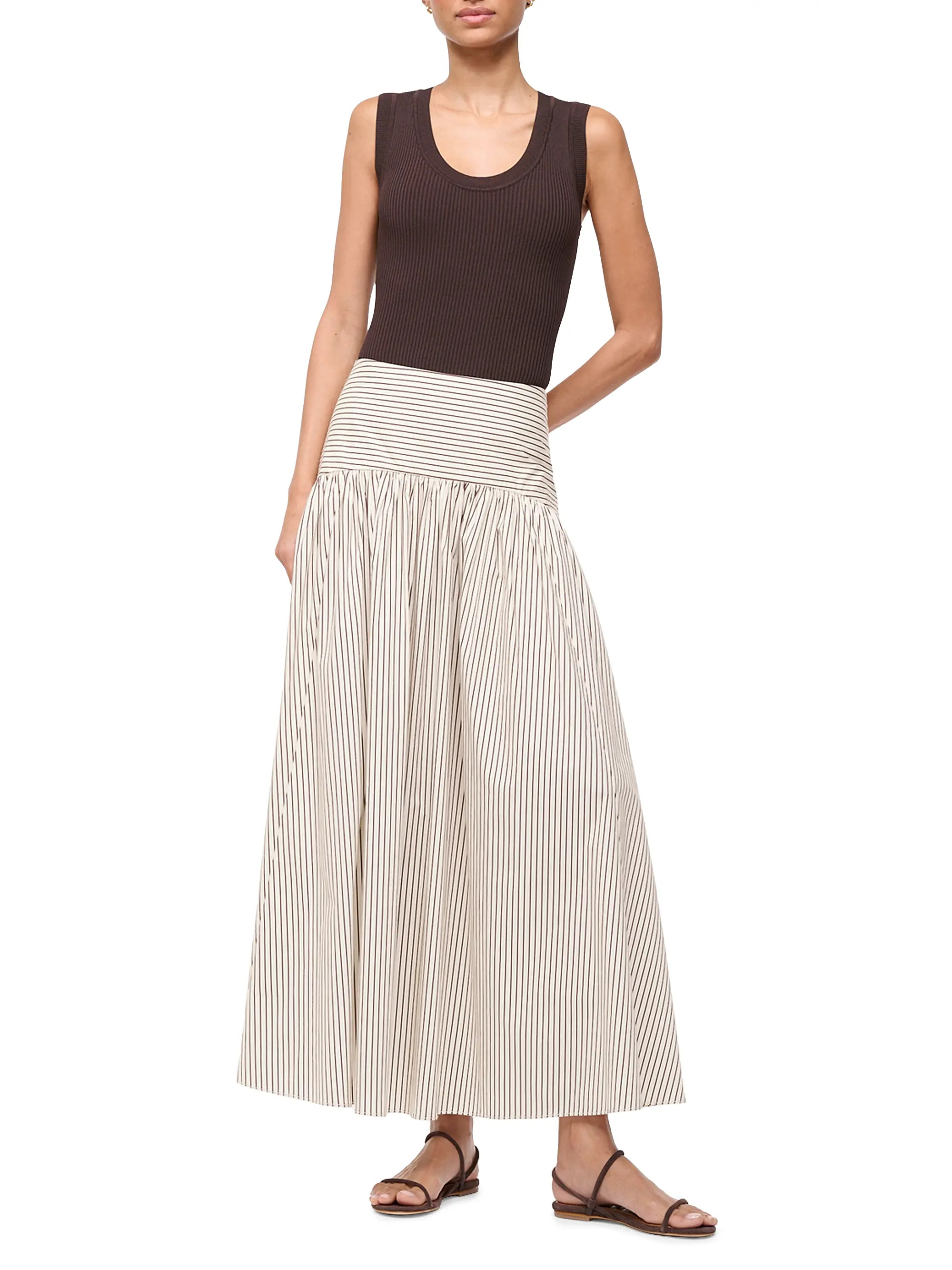 Staud Procide Pinstriped Stretch-Cotton Midi-Skirt | Saks Fifth Avenue | Saks Fifth Avenue
