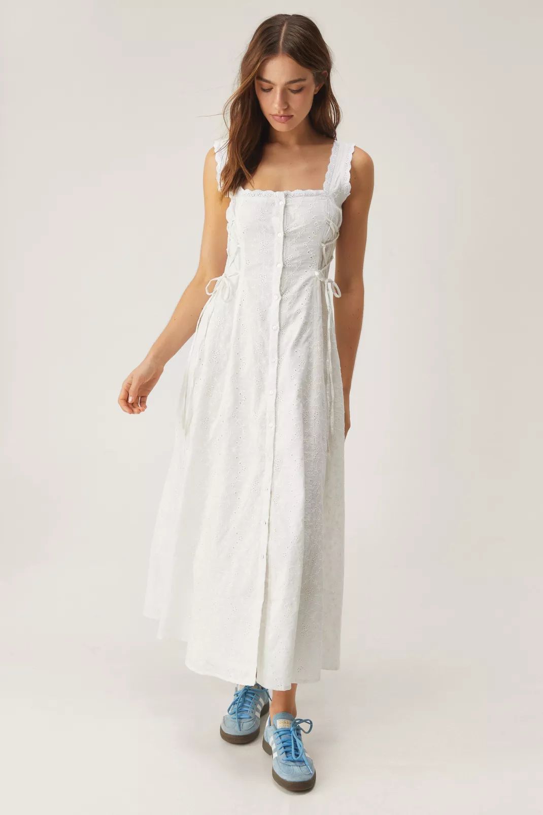 Broderie Lace Up Side Button Down Midi Dress | Nasty Gal US