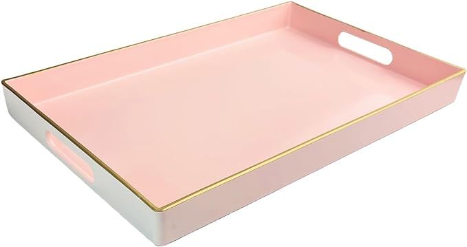 Umisriro Pink Serving Tray with Handles, Rectangular Decorative Tray for Coffee Table, Plastic Ot... | Amazon (US)