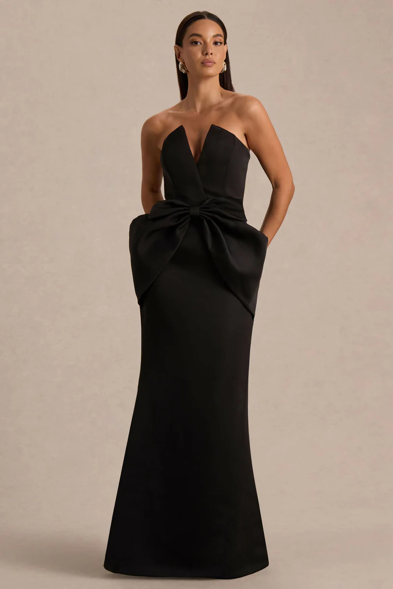 Sonata  Black Satin Bandeau Maxi Dress With Bow Detail | Club L London