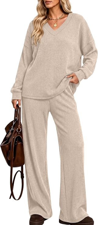 Sampeel Two Piece Sets for Women Lounge Set Long Sleeve V Neck Ribbed Knit Tops Wide Leg Pants Ma... | Amazon (US)