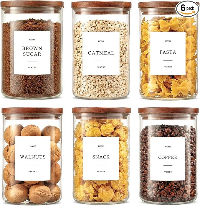 Set of 6 Glass Pantry Jars with Acacia Wood Lids, 32oz Airtight Pantry Storage Containers with 10... | Amazon (US)