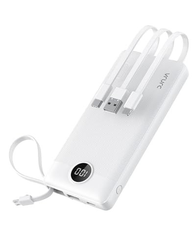 VRURC Portable Charger, Built-in Cables Power Bank 10000mAh, LED Display Slim USB C Battery Pack with 5 Output 2 Input for iPhone, Samsung, Android etc-White | Amazon (US)
