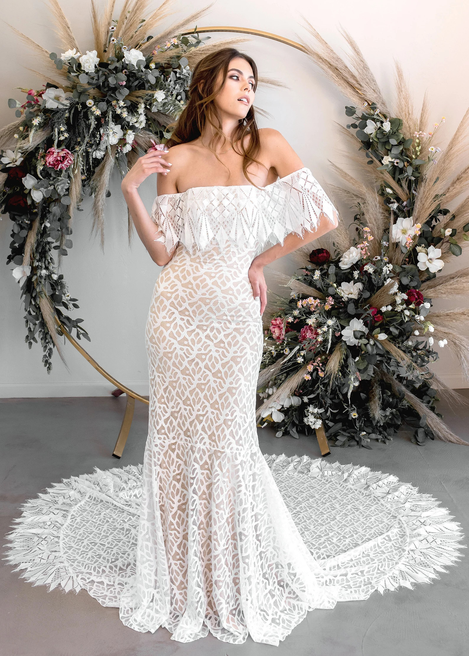 Off the Shoulder Lace Bohemian Wedding Dress, Stretch French Lace Wedding Dress, Bohemian Wedding... | Etsy (US)