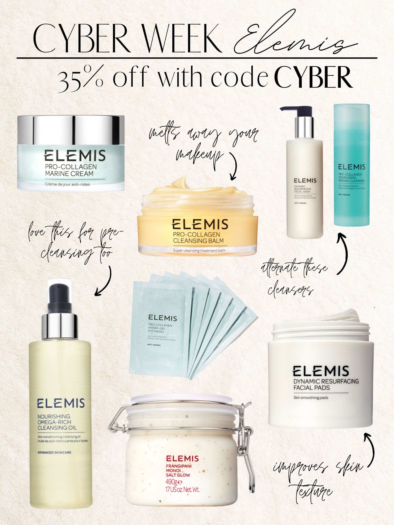35% off Elemis! The cleansing balm and pro collagen cream are staples in my skincare routine.

#LTKGiftGuide #LTKHoliday #LTKCyberweek