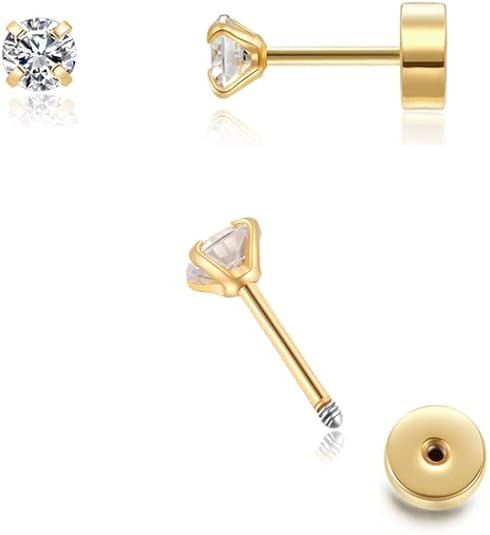 Flat Back Screw Back CZ Stud Earrings, Small Cubic Zirconia Stud Earrings for Helix Cartilage Tra... | Amazon (US)