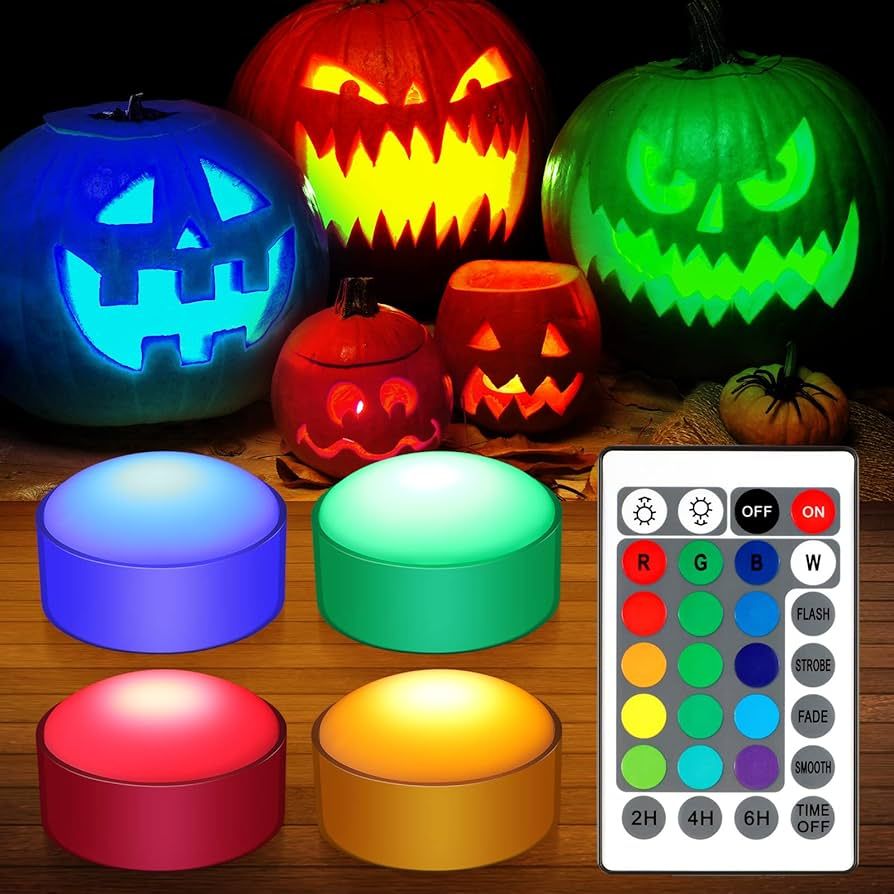 4 Pieces Halloween LED Pumpkin Lights with Remote 16 Multi Colors Timer Colored Puck Light Batter... | Amazon (US)