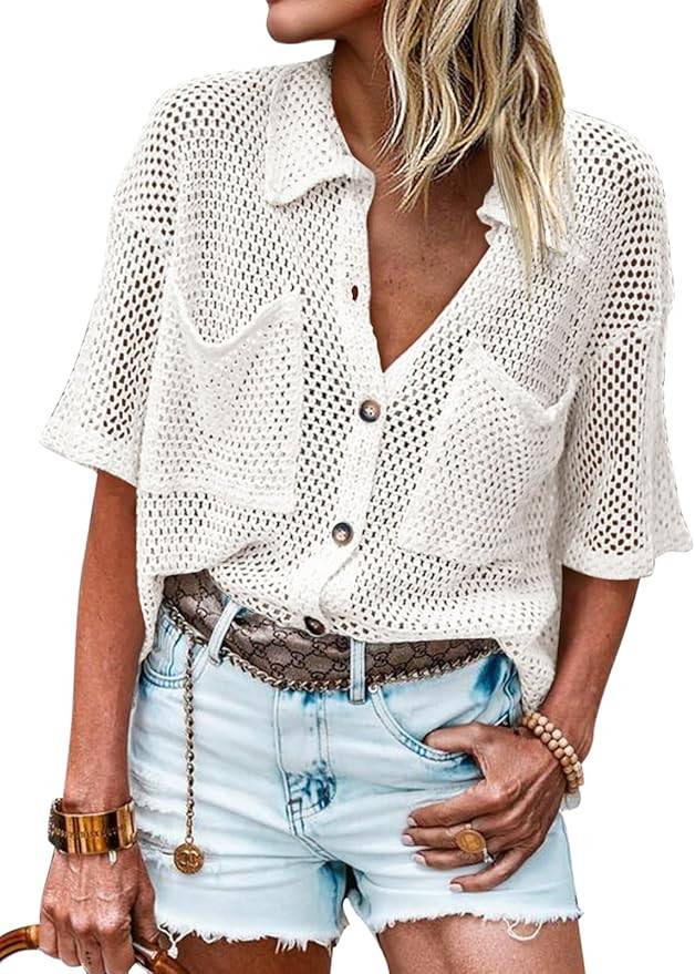 Fisoew Womens Crochet Lightweight Cardigan Sweaters Short Sleeve Summer Button Down Collared Loos... | Amazon (US)