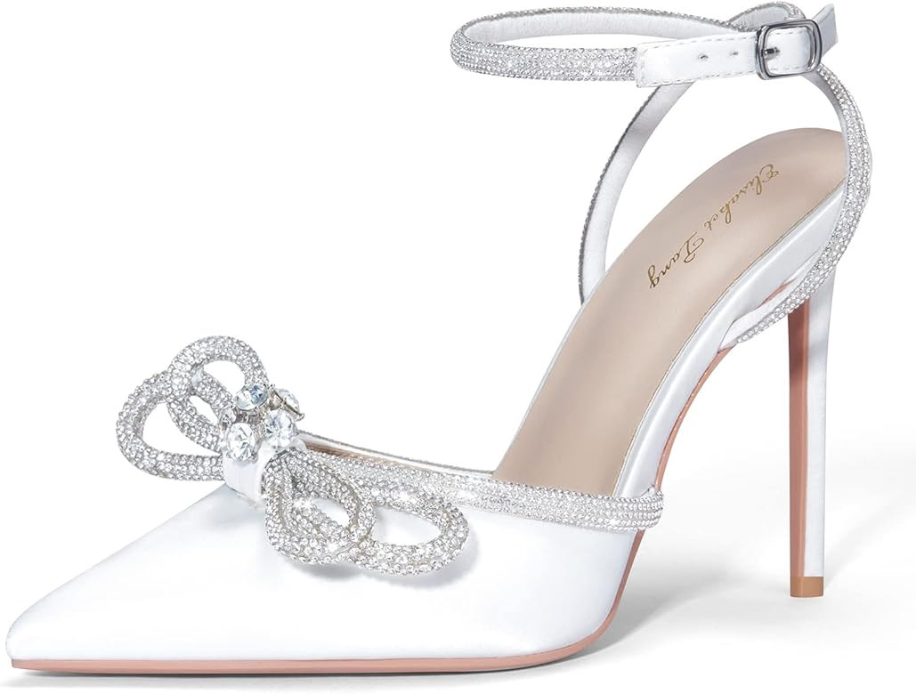 Elisabet Tang Women's High Heel Pumps Satin Rhinestone Bowknot Lace Up Sandals Pointed Toe Ankle ... | Amazon (US)