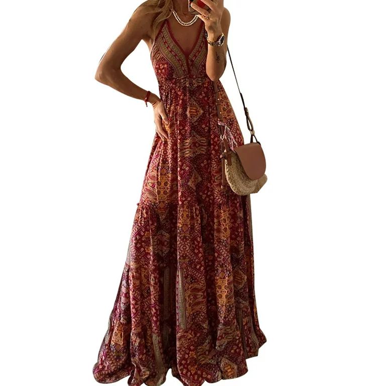 Ladies Summer Boho Beach Floral Sleeveless Tank Maxi Long Dress Women Spaghetti Strap Deep V-Neck... | Walmart (US)