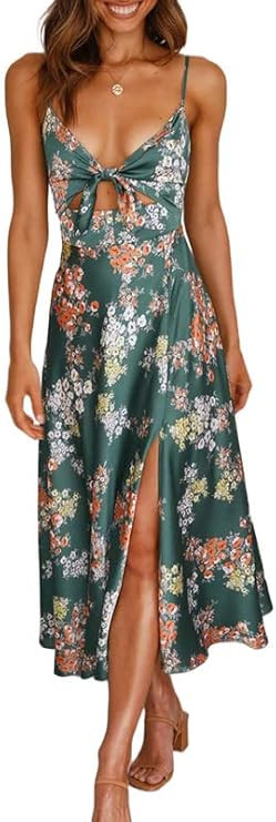 Dokotoo Womens 2023 Summer Floral Print Spaghetti Strap Sundress V Neck Tie Front Maxi Dress | Amazon (US)