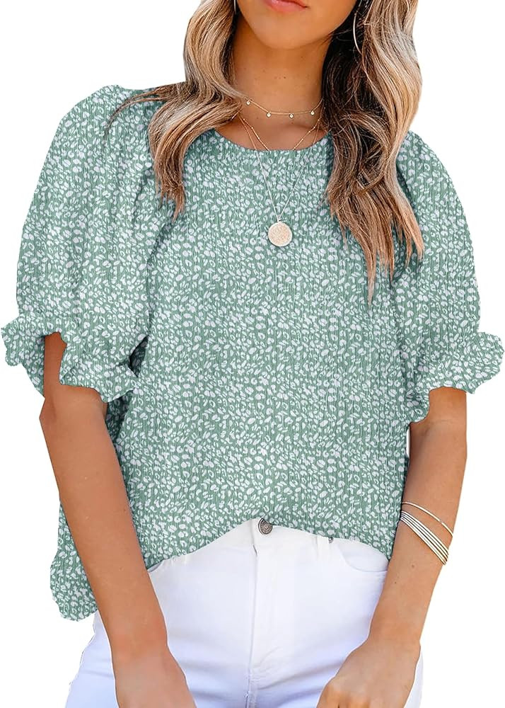 Zeagoo Womens Blouses Dressy Casual Spring Floral Print Crewneck Smocked Puff Short Sleeve Shirts | Amazon (US)