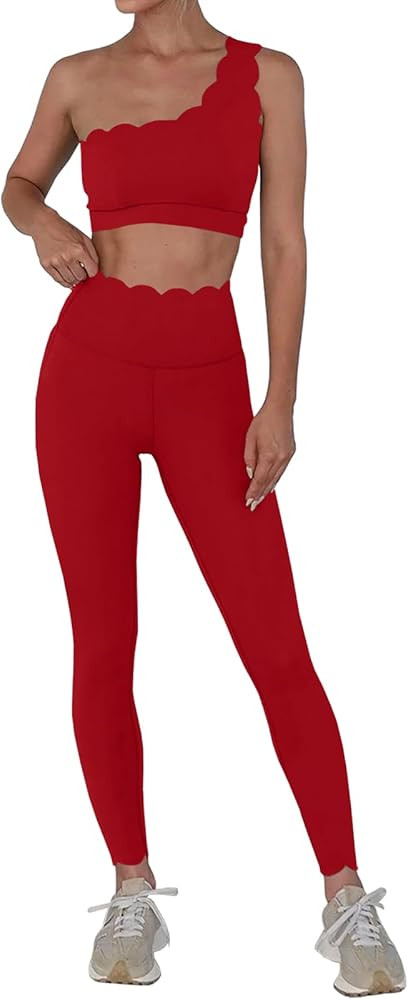 Fisoew Workout Sets for Women 2 Piece High Waisted Leggings with One Shoulder Stretchy Sports Bra... | Amazon (US)