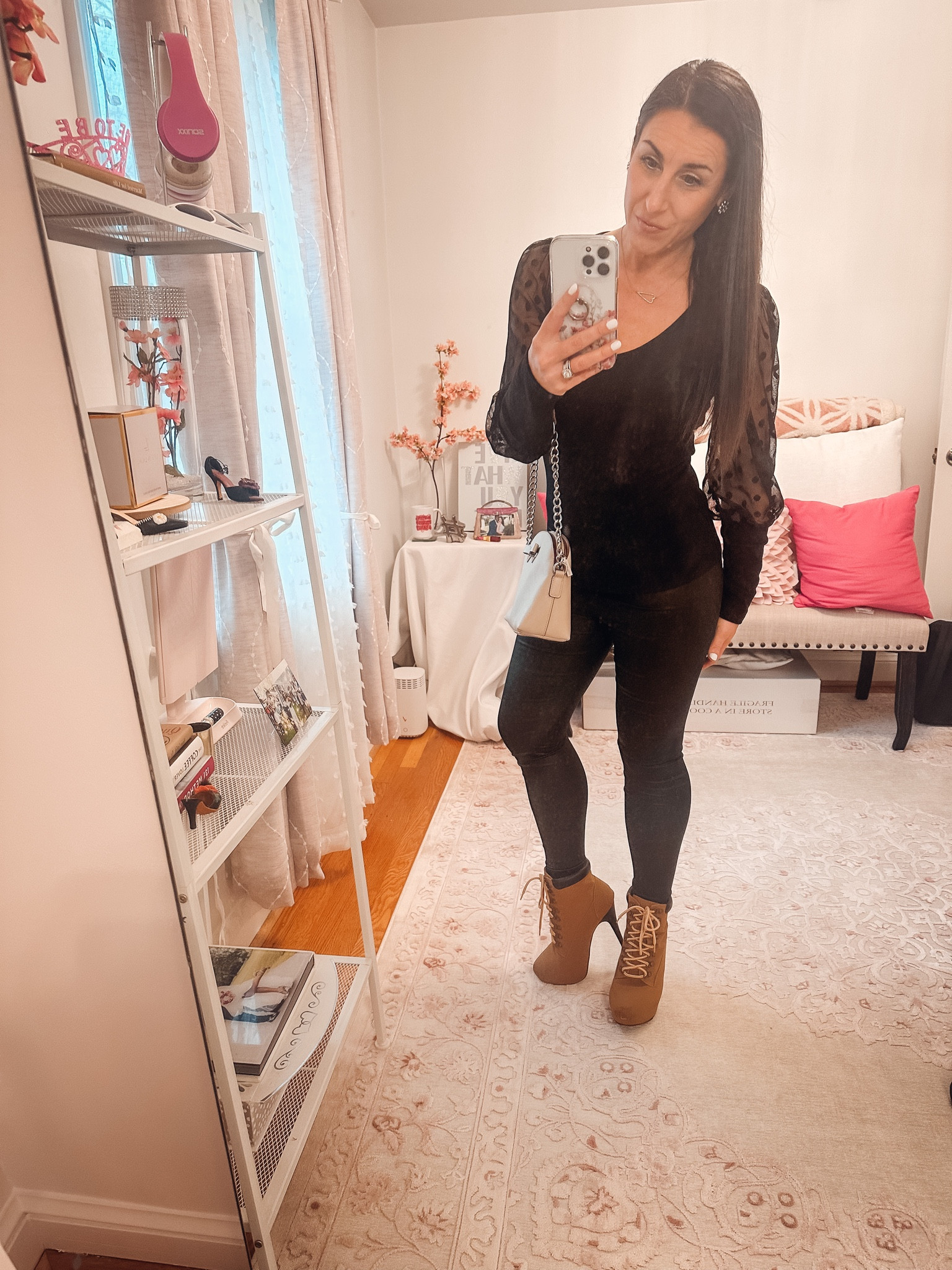Date night look/ amazon blouse / target faux leather leggings/ boots/ dsw crossbody bag / perfume roller 

#LTKshoecrush #LTKstyletip #LTKitbag