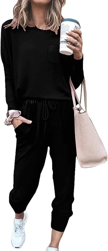 Amazon.com: Sweatsuits for Women Set 2 Piece Fall Outfits Long Sleeve Tops Joggers Sets Black S :... | Amazon (US)