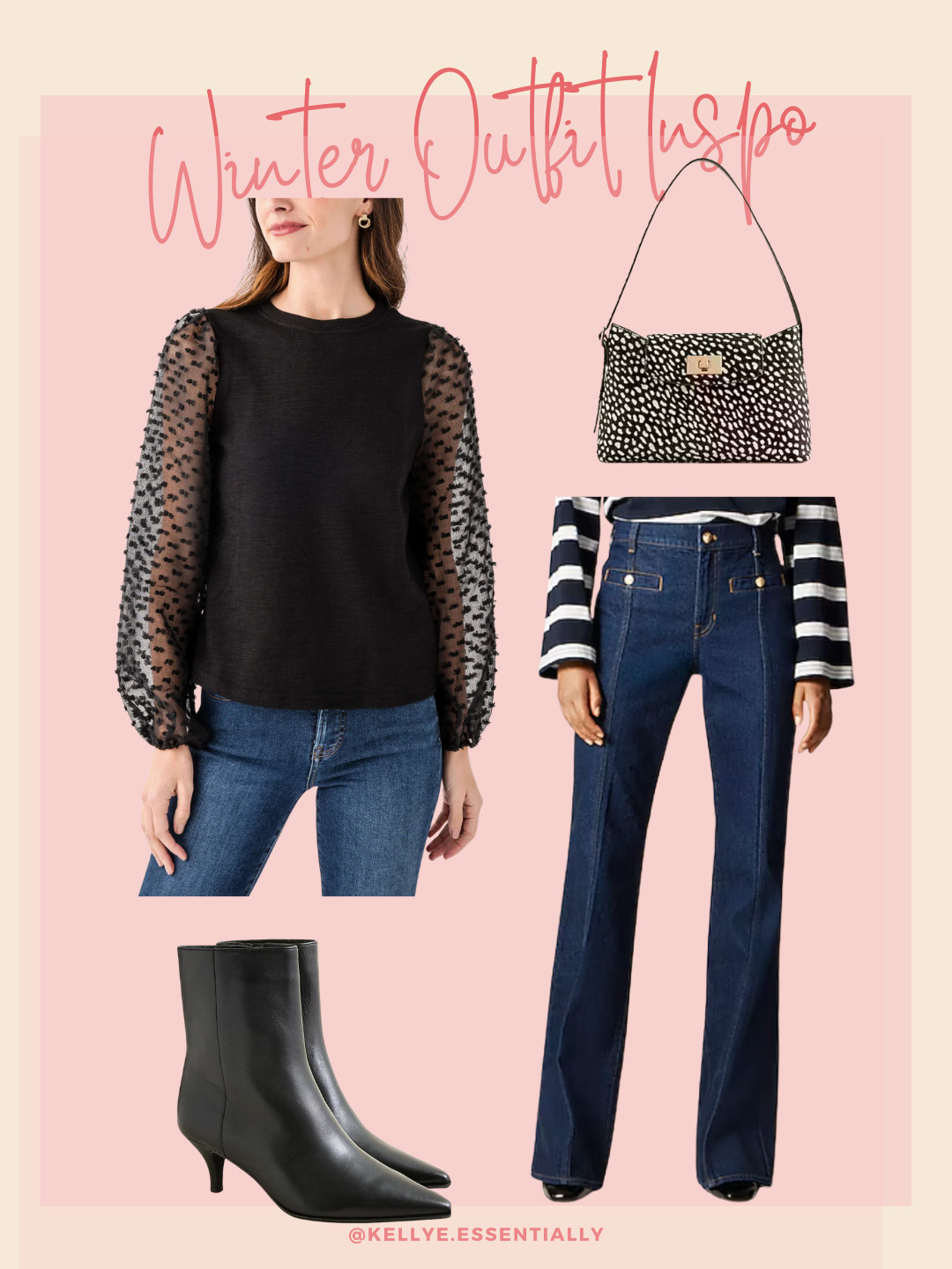 This winter outfit is easy but still feels special. A black top with sheer sleeves paired with dark wash jeans is polished without being overdone.

Black ankle boots keep it classic, and the patterned bag adds just enough interest. Great for winter dinners, casual nights out, or everyday cold weather style. 

 #LTKootd #LTKFindsUnder100