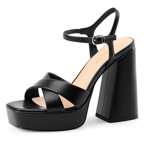 Yamvim Black Platform High Heels for Woman Chunky Block Heeled Sandals Open Square Toe with Adjustable Ankle Strap 5 Inch Heels for Wedding Dress Party Black 5 | Amazon (US)