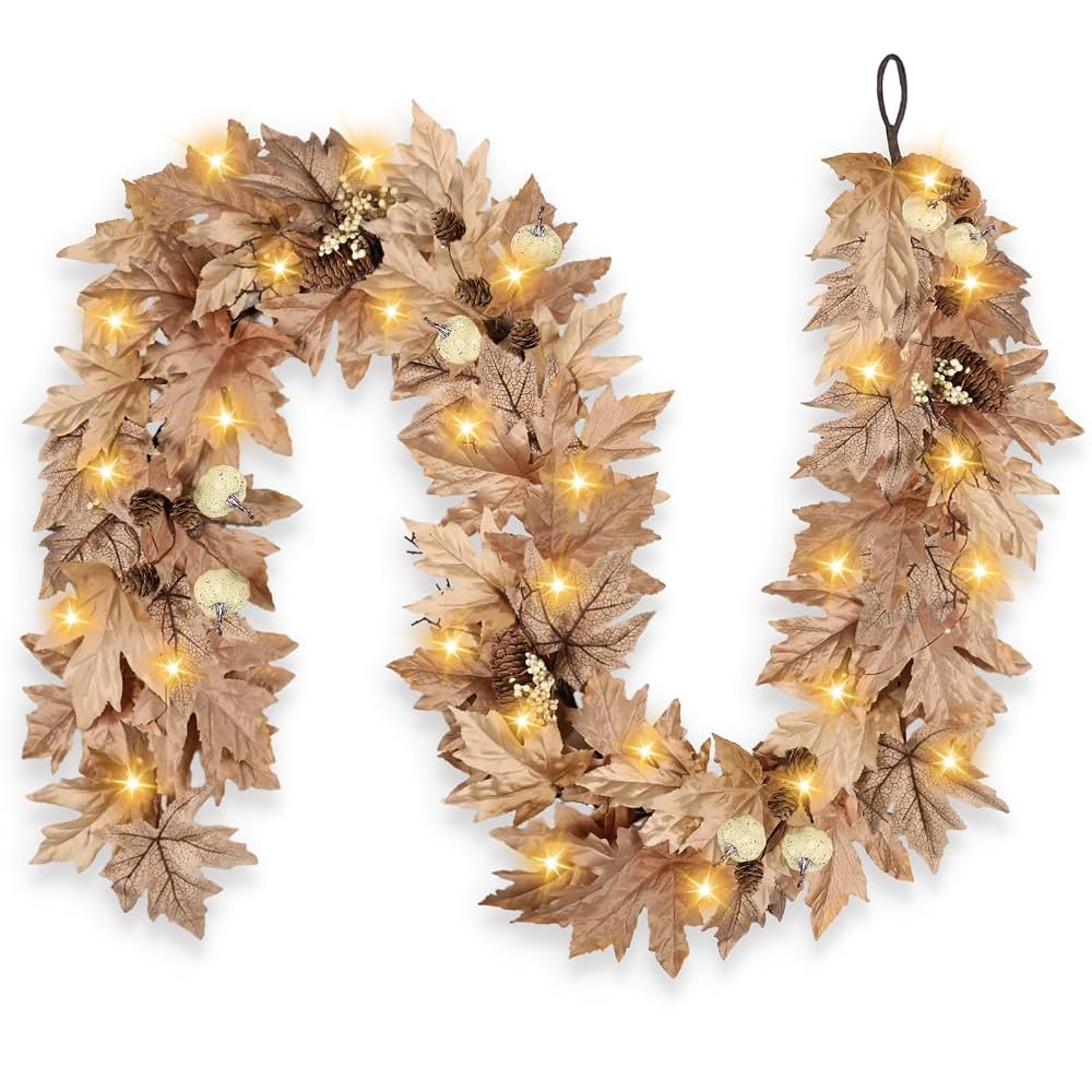 6 FT Fall Garland with Lights Timer Function Autumn Fall Leaves Garland with Berries Pine Cones P... | Amazon (US)
