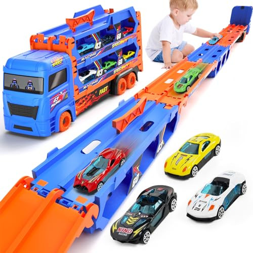 Carrier Truck for 3 4 5 6 Year Old kids with Foldable 5.3FT Track, 6 Die-Cast Metal Small Race Cars, Dual Rail Ejection Device, Toy Truck Play Set for Boys Girls Gift, 14.5 * 6.9 INCH | Amazon (US)