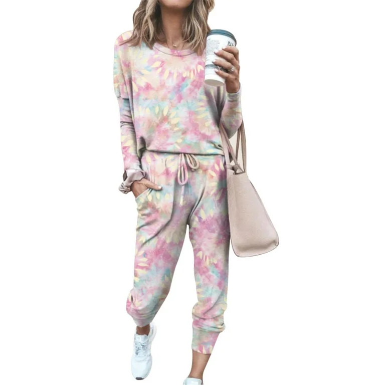 2 Pcs Tie Dye Tracksuit High Waist Sports Pants Long Sleeve and Pants Set Sport Outfits Active Fi... | Walmart (US)
