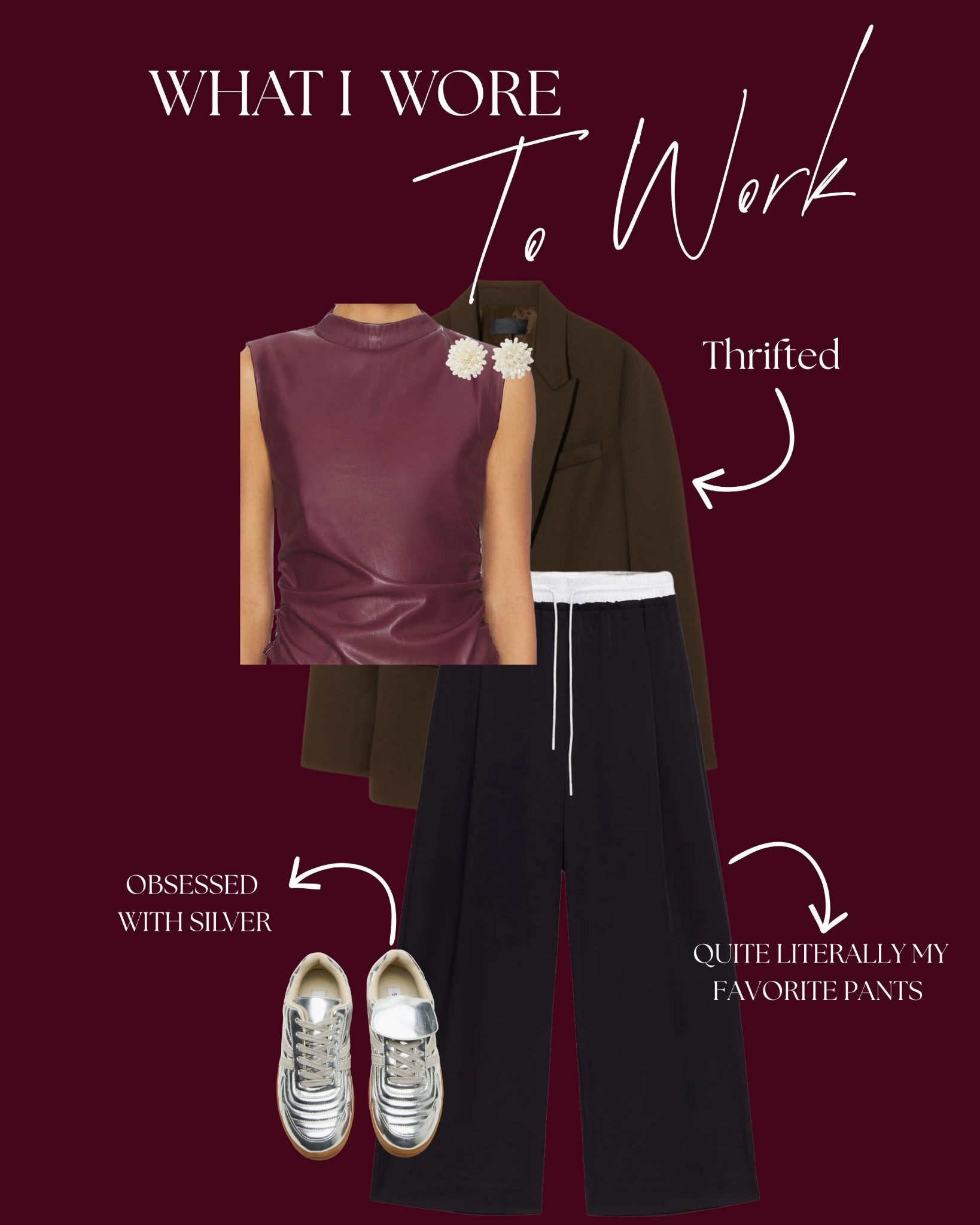Maroon faux leather top paired with a brown thrifted blazer creating a cherry cola vibe. I then paired them with my favorite Oak+Fort pants with exposed waistband and silver metallic sneakers. 

#LTKootd #LTKMidsize #LTKWorkwear