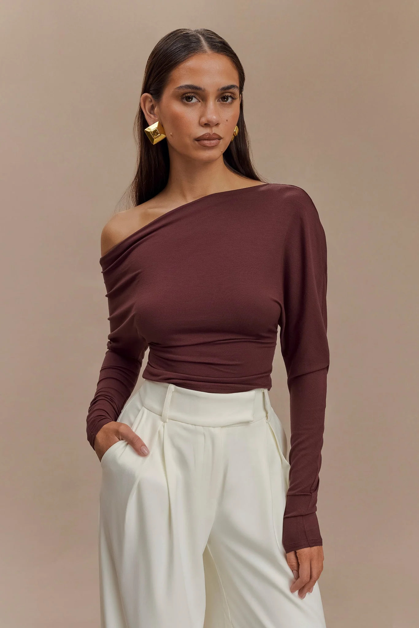 Yasmin Asymmetrical Long Sleeve Top - Mahogany | MESHKI US
