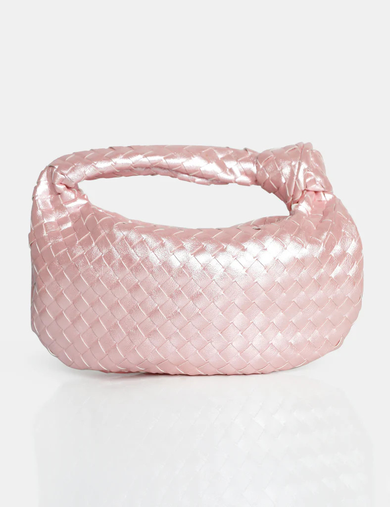 The Blame Baby Pink Pearlescent Woven PU Knot Detail Mini Grab Bag | Public Desire