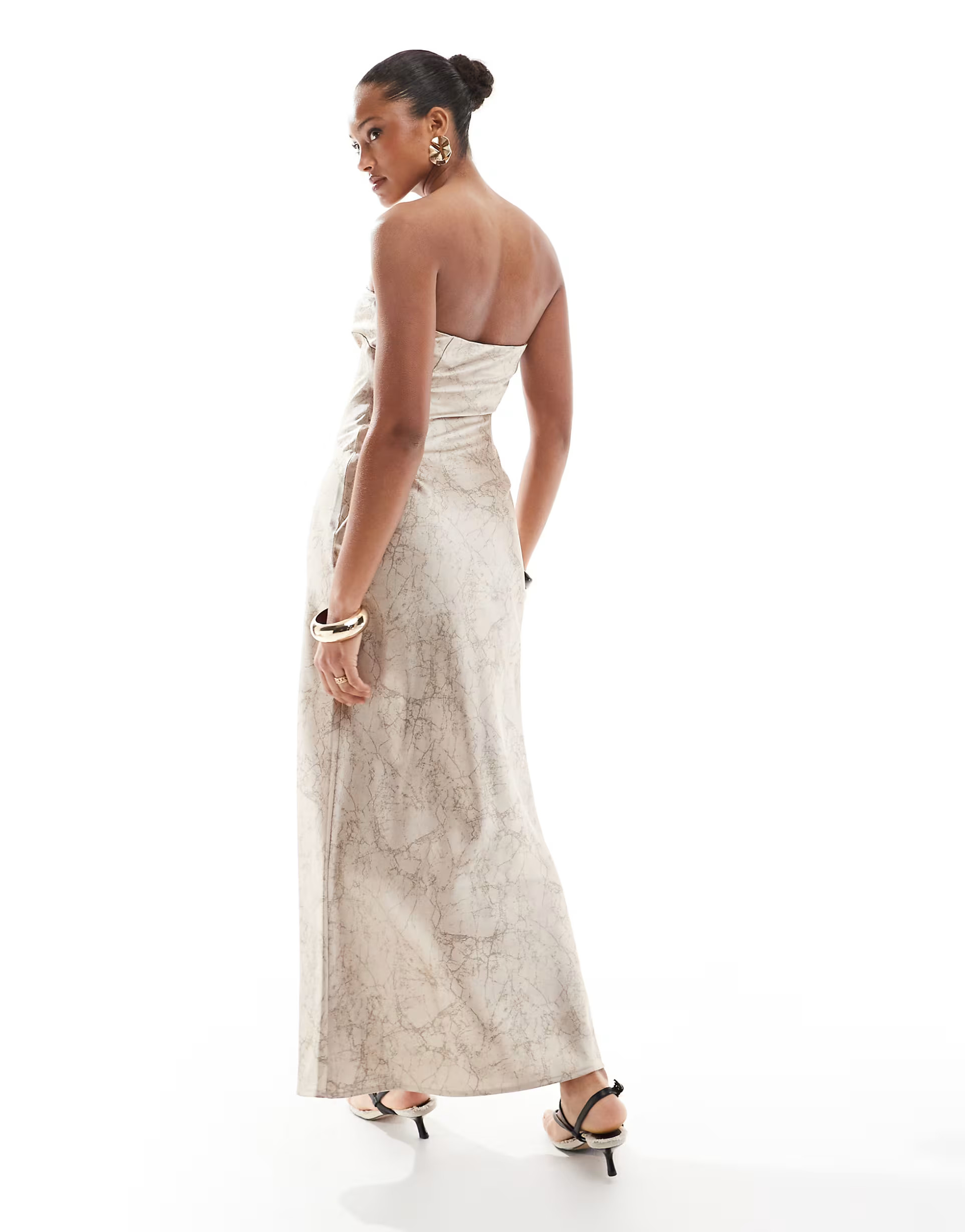 4th & Reckless satin bandeau maxi dress in beige marble print | ASOS (Global)