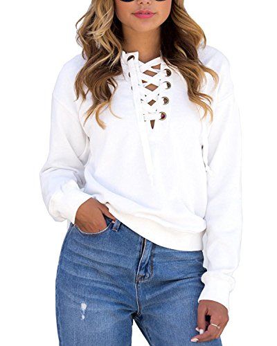 Mojessy Women's Sexy Lace up Long Sleeve Pullover Sweatshirt Blouse Tops Tshirt | Amazon (US)