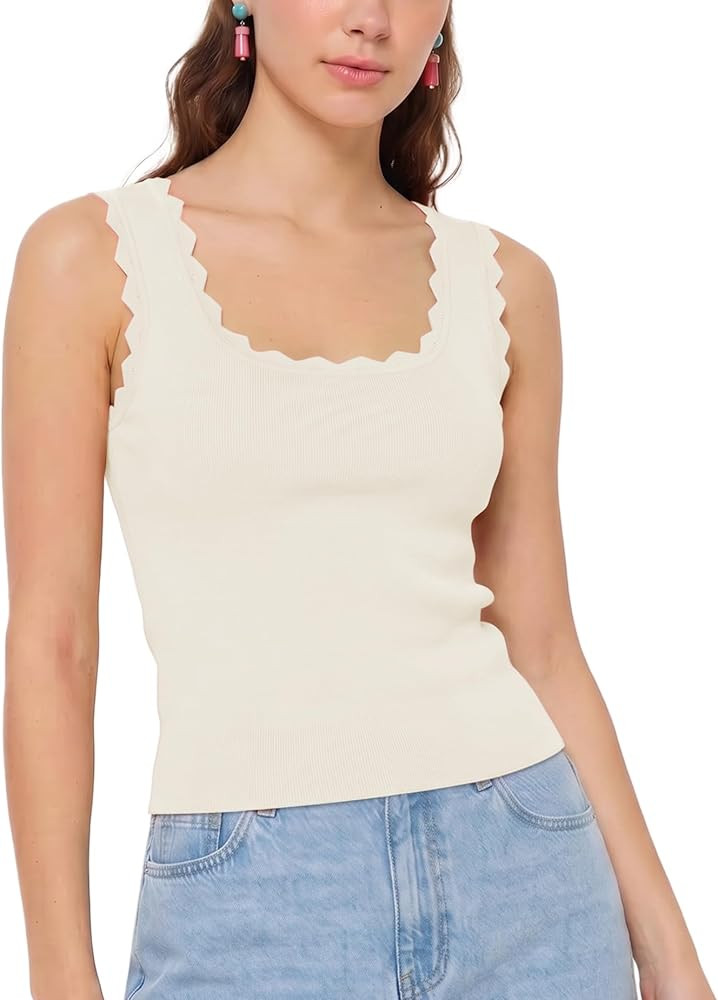 Womens Scoop Neck Tank Tops Summer Sleeveless Ricrac Trim Shirts Lightweight Blouses for Workout ... | Amazon (US)