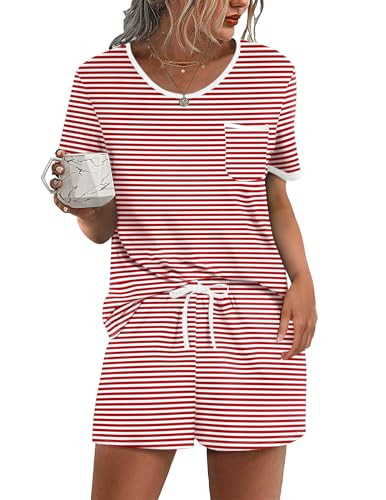 Ekouaer Pajama Set for Women 2 Piece Lounge Set Short Sleeve Tops and Shorts Soft Sleepwear, Ches... | Amazon (US)