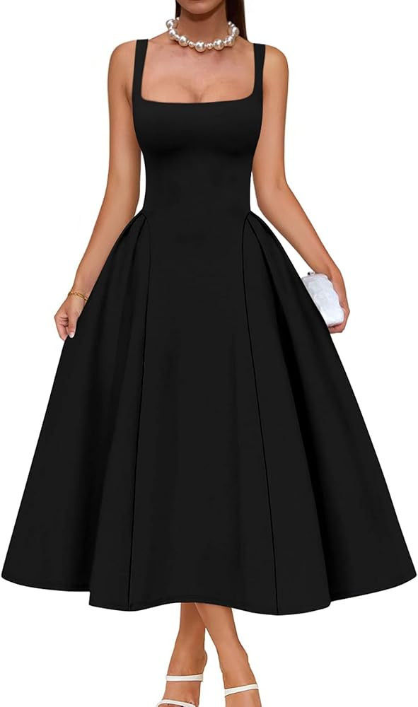 Memoriesea Women's Elegant Square Neck Swing A Line Wedding Evening Party Midi Dress | Amazon (US)