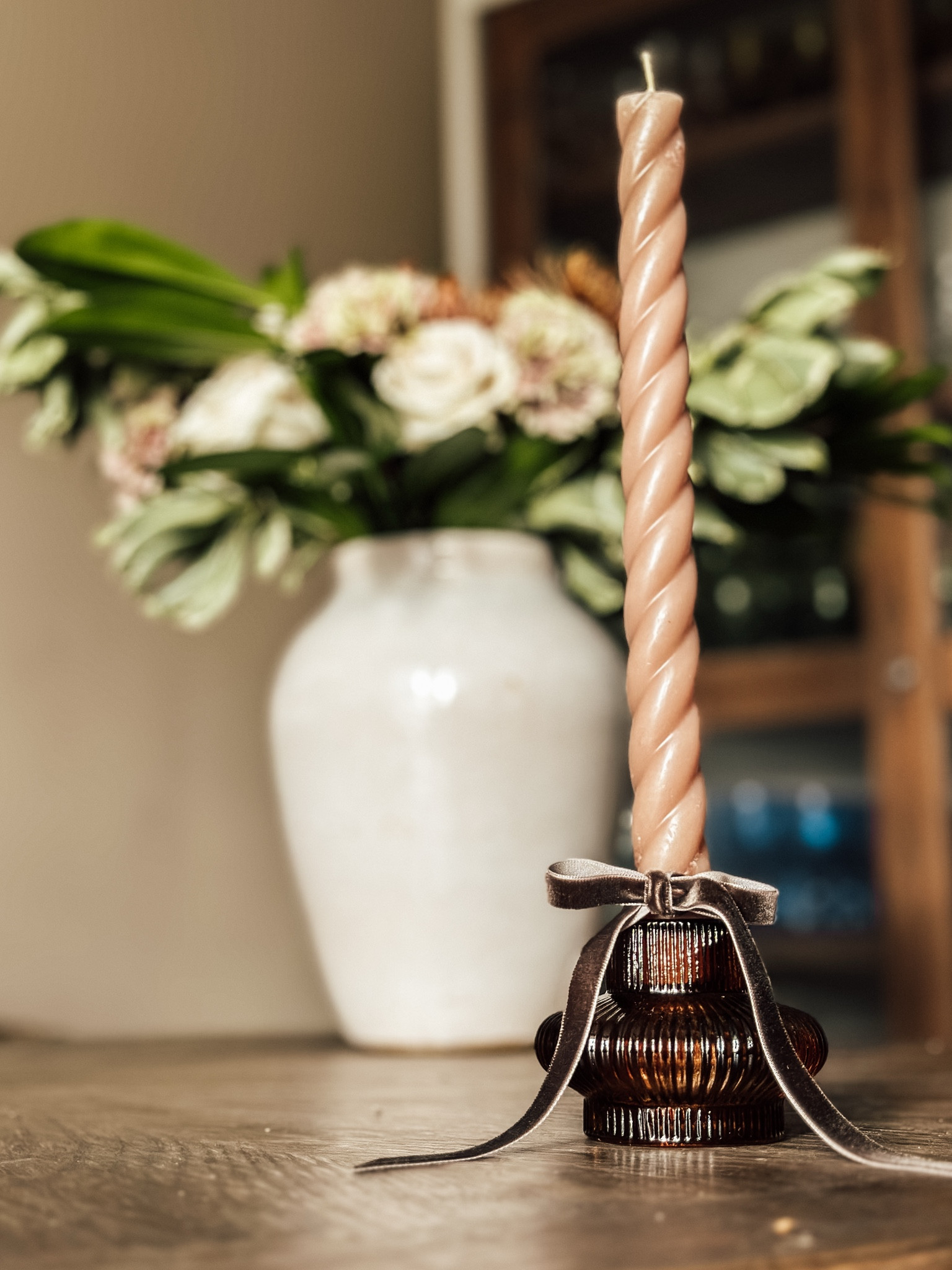 Brown holiday candlestick holders and brown velvet ribbon. 

#LTKHoliday