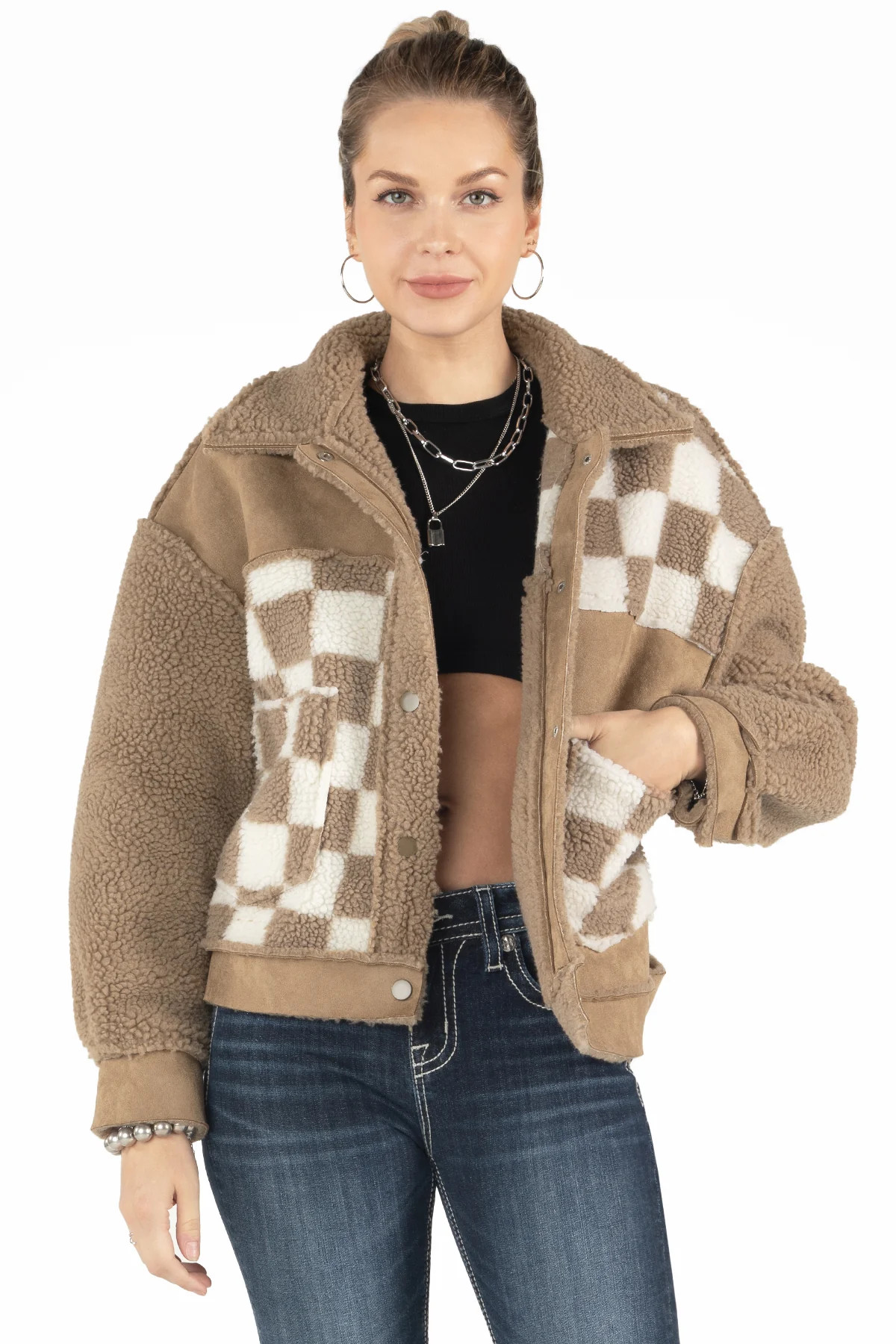 Patchwork Checkered Print Sherpa Jacket | Miss Me
