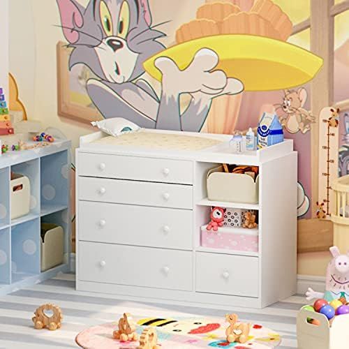 FAMAPY Nursery Dresser Baby Dresser with 5 Drawer & 2 Shelves, White Wood Chest of Drawers for St... | Amazon (US)