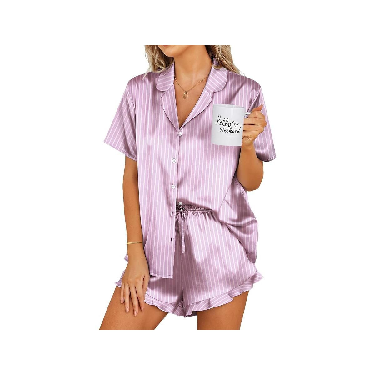 Ekouaer Womens Satin Pajamas Set Button Down 2 Piece Silk Pjs Shorts Set Ruffle Lingerie Notch Co... | Target
