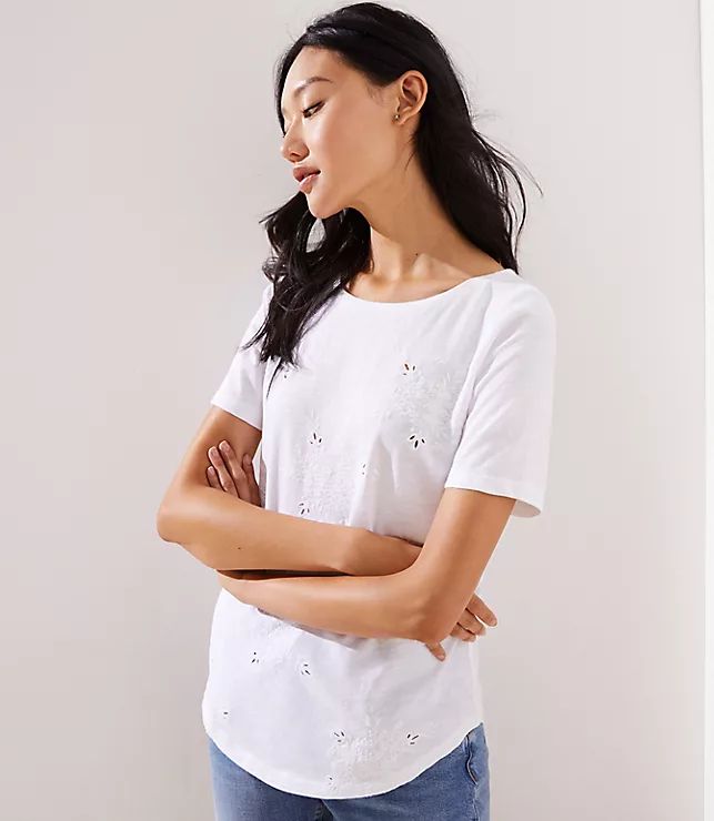 Eyelet Vintage Soft Elbow Sleeve Tee | LOFT