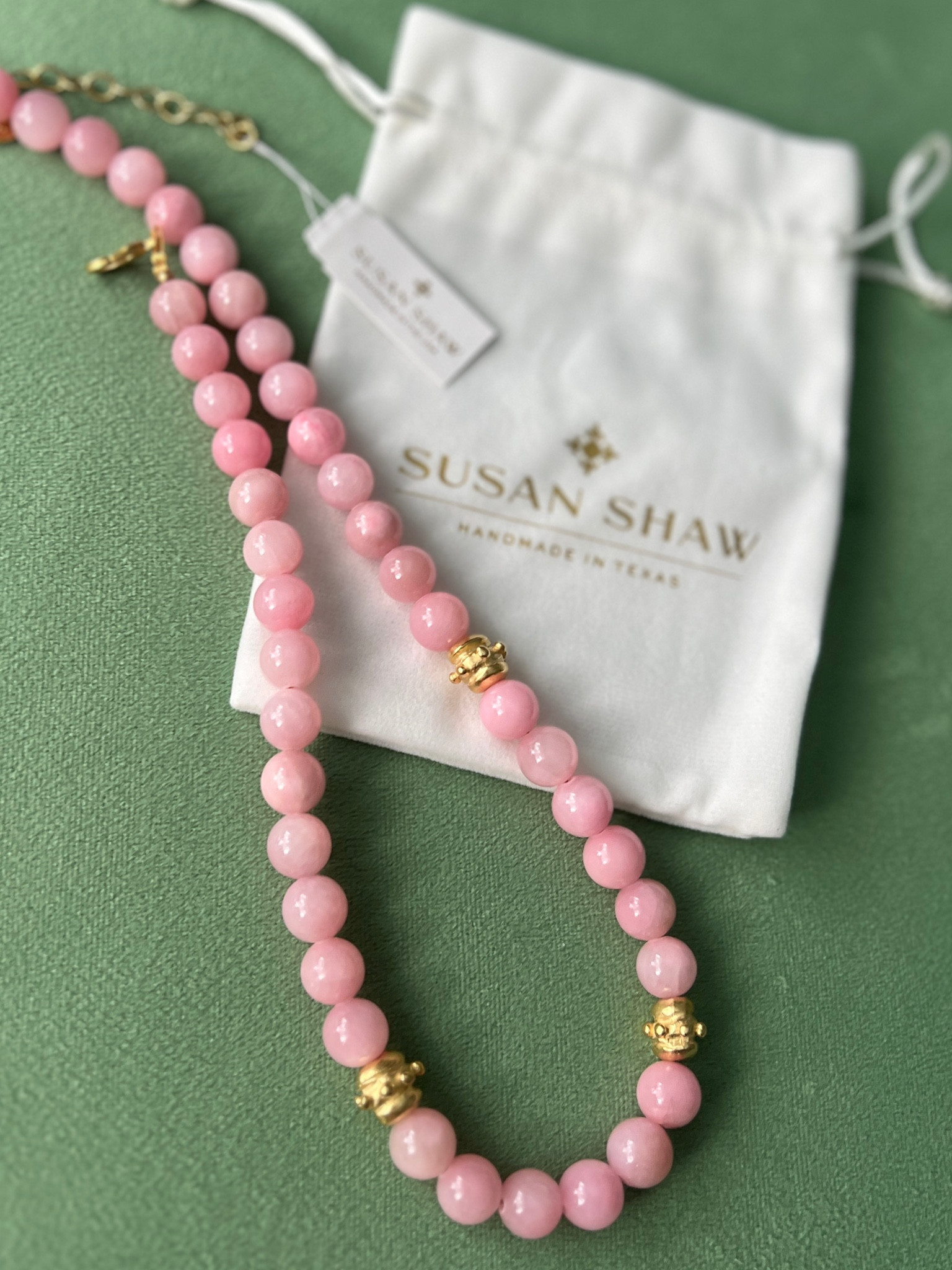 This pink jade necklace is something else! Can’t wait to style it layered or by itself all summer long—beautiful. Linking this necklace along with the stretch bracelet coordinate and a few other layering pieces with it  