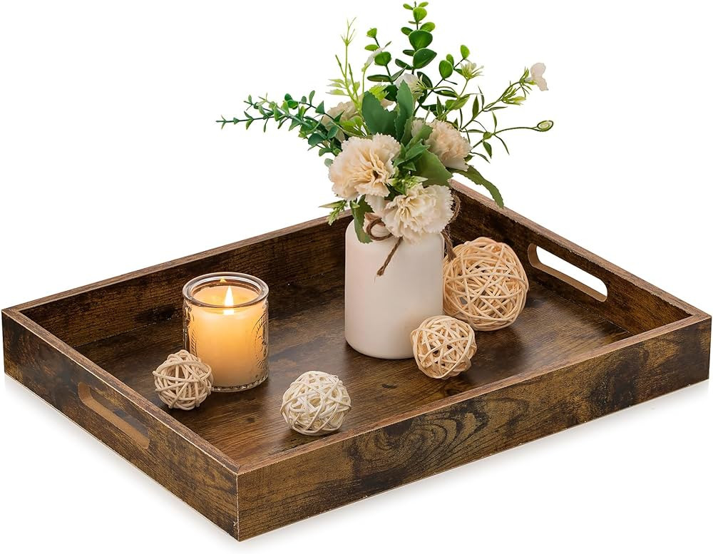 Hanobe Brown Decorative Serving Trays: Rustic Brown Rectangle Tray Decor with Cutout Handles for ... | Amazon (US)