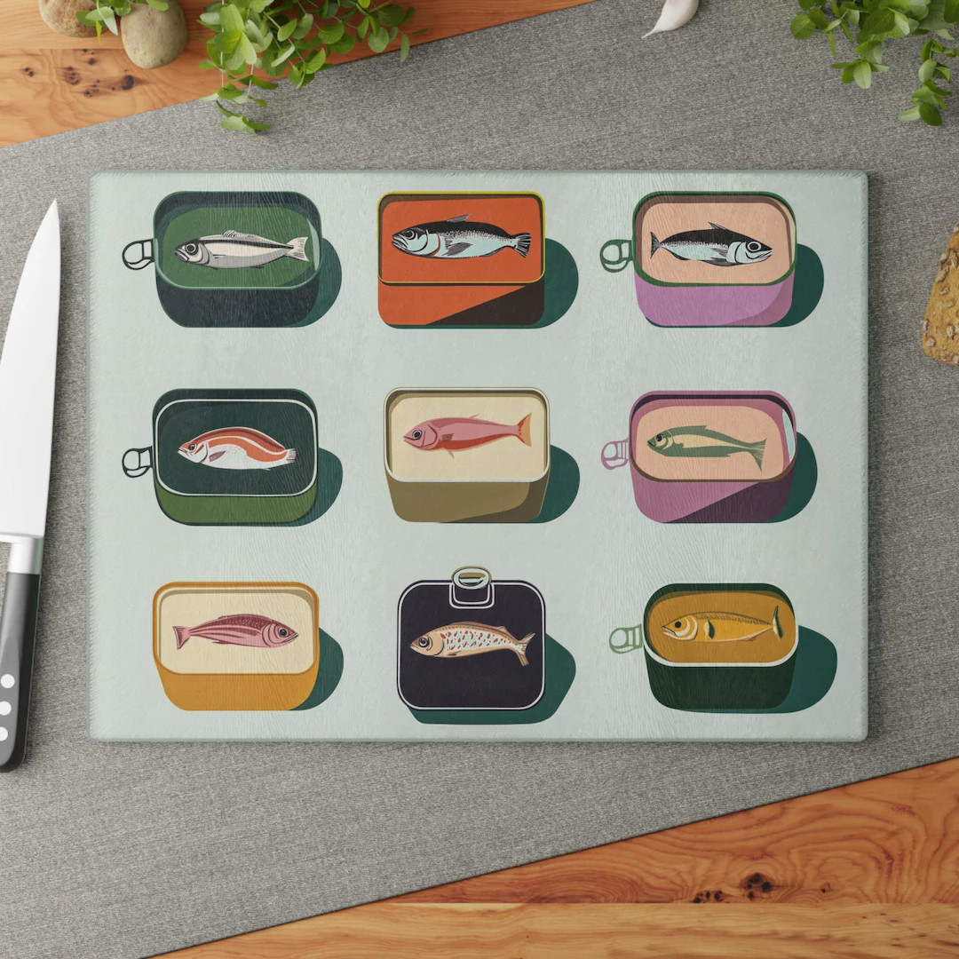 Glass Cutting Board, Whimsical Tinned Fish Motif Kitchen Decor, Foodie Gift, Decorative Serving T... | Etsy (Global)