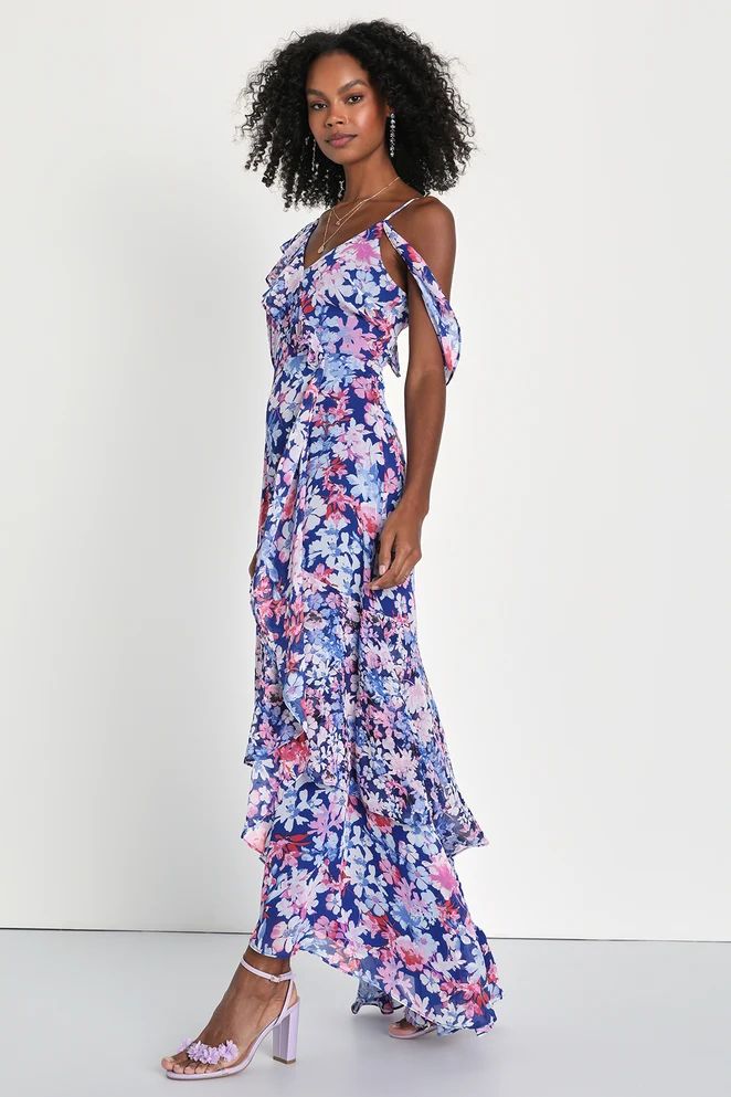 Radiant Blue Floral Print Chiffon Maxi Dress | Lulus