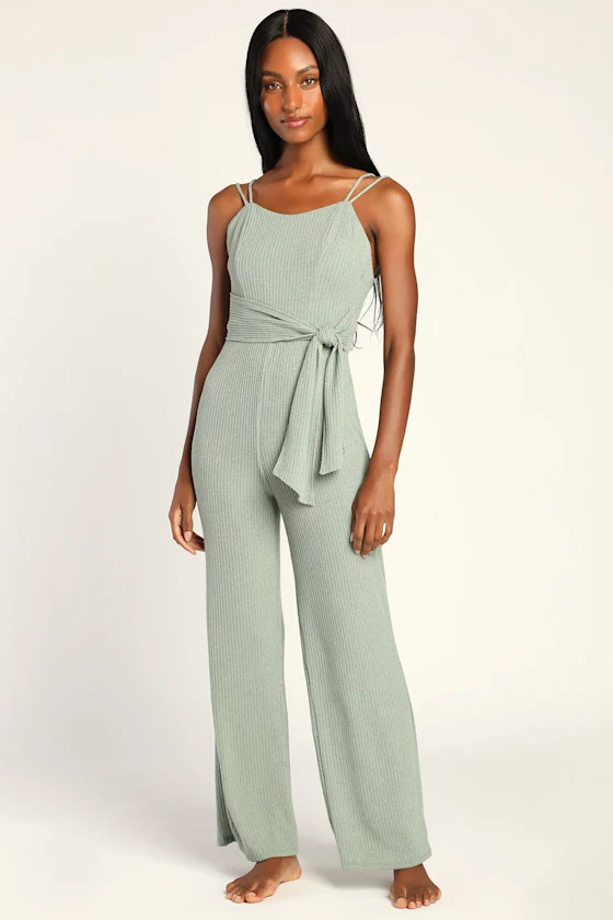 Casually Charming Sage Green Ribbed Knit Wide Leg Jumpsuit | Lulus (US)