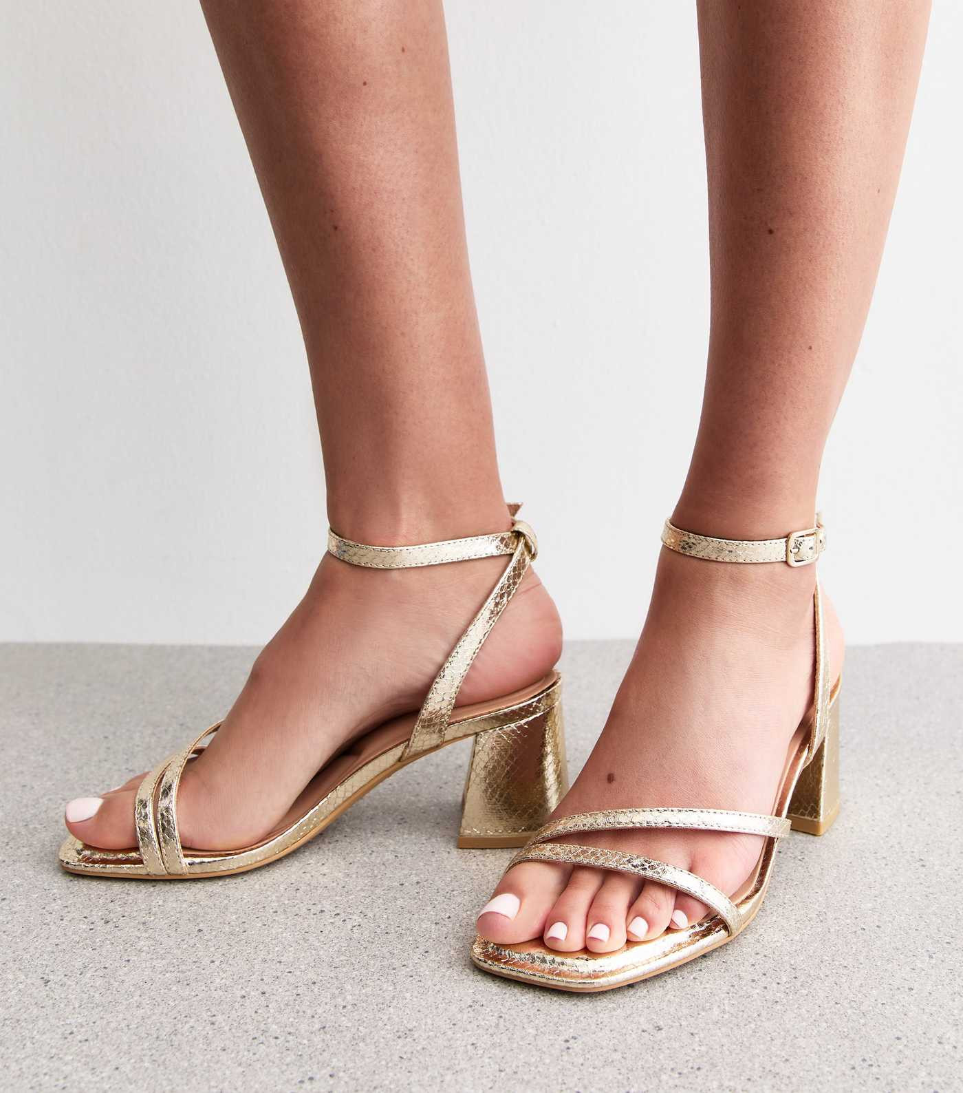 Wide Fit Gold Metallic Faux Leather Block Heel Sandals | New Look | New Look (UK)