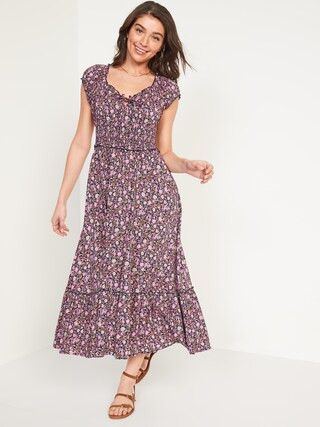 Short-Sleeve Waist-Defined Printed Midi Dress for Women | Old Navy (US)