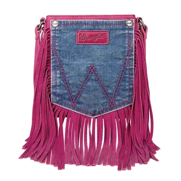 Montana West Wrangler Denim Pocket Fringe Crossbody Hot Pink | Scheels