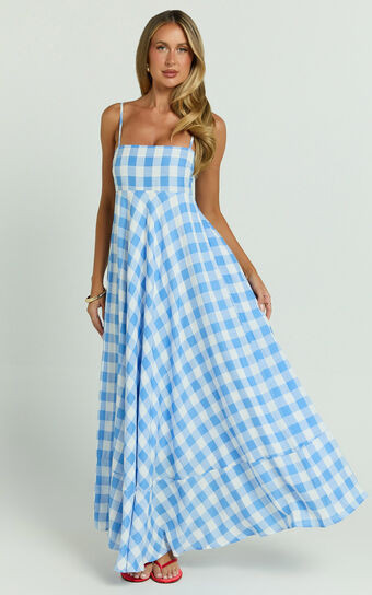 Katrien Maxi Dress - Strappy Empire Waist Flare Dress in Blue Check | Showpo (US, UK & Europe)